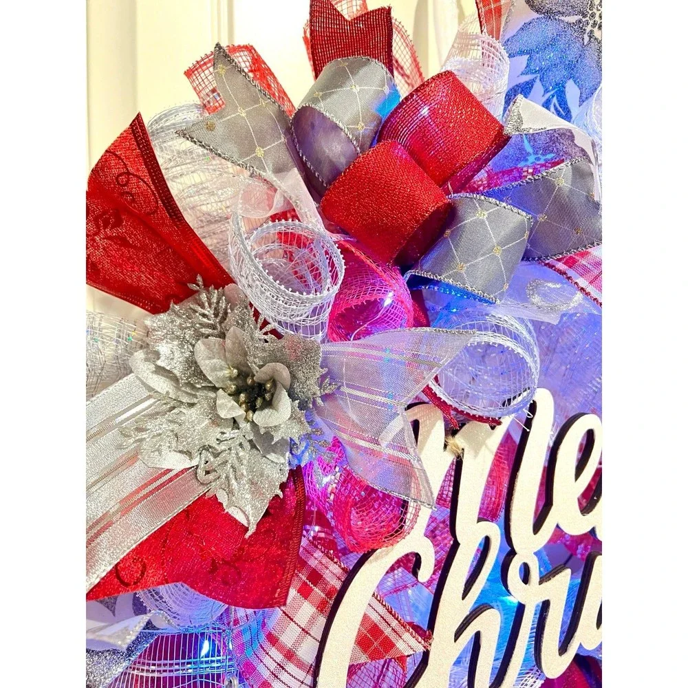 Christmas Poinsettia Holiday Ribbon Door Wreath Handmade 22 ins LED W15
